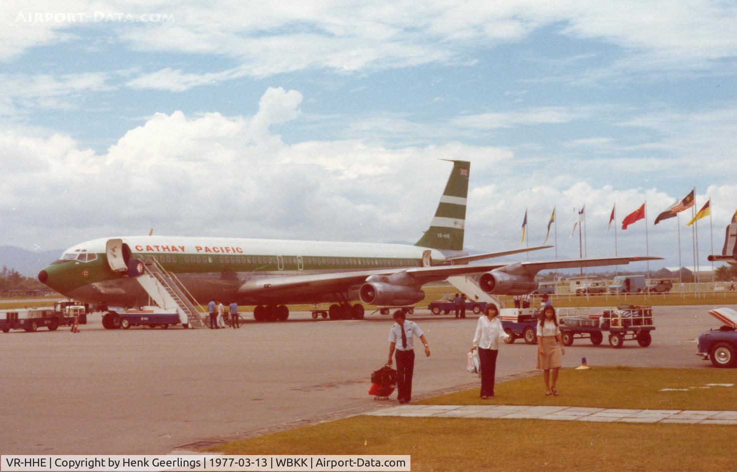 VR-HHE, 1965 Boeing 707-351C C/N 18888, Cathay Pacific B707 at BWN , 1977 en route to HKG