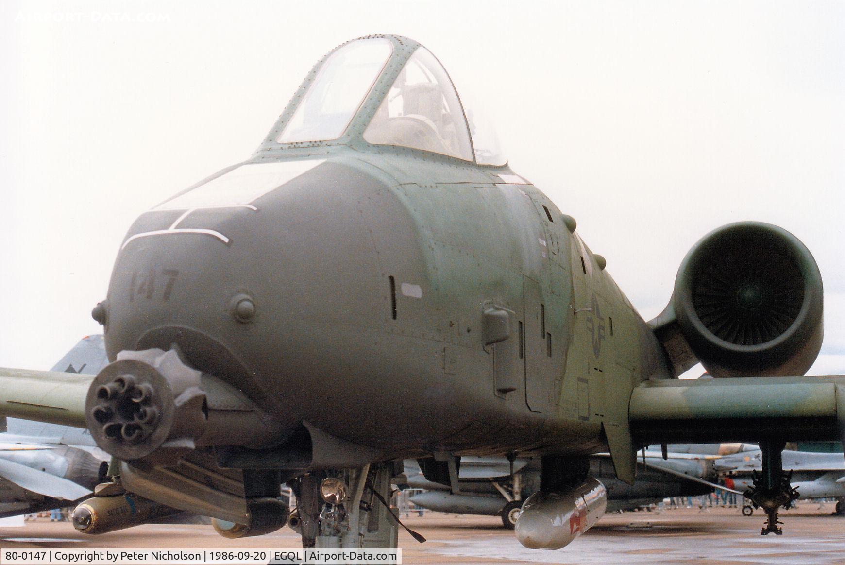 80-0147, 1980 Fairchild Republic A-10A Thunderbolt II C/N A10-0497, A-10A Thunderbolt of 510th Tactical Fighter Squadron/81st Tactical Fighter Wing at RAF Bentwaters on display at the 1986 RAF Leuchars Airshow.