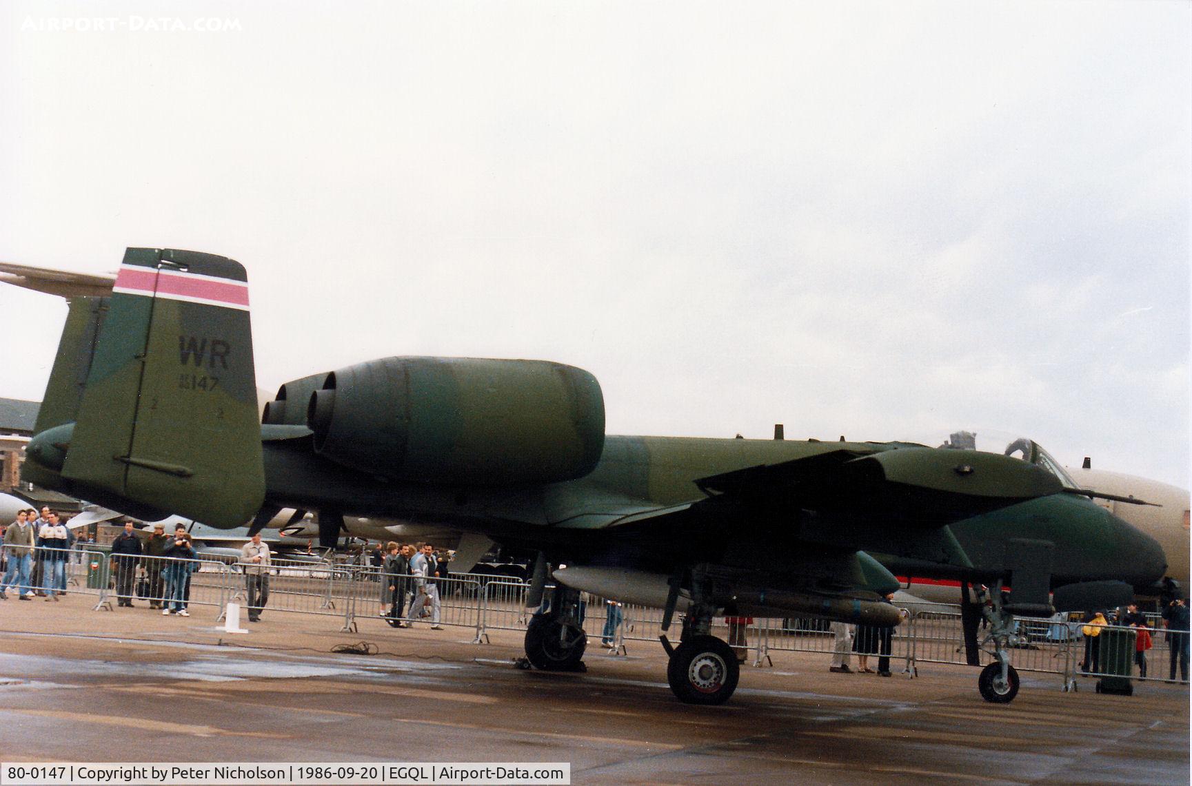 80-0147, 1980 Fairchild Republic A-10A Thunderbolt II C/N A10-0497, Another view of the A-10A Thunderbolt of RAFBentwaters' 510th Tactical Fighter Squadron/81st Tactical Fighter Wing on display at the 1986 RAF Leuchars Airshow.