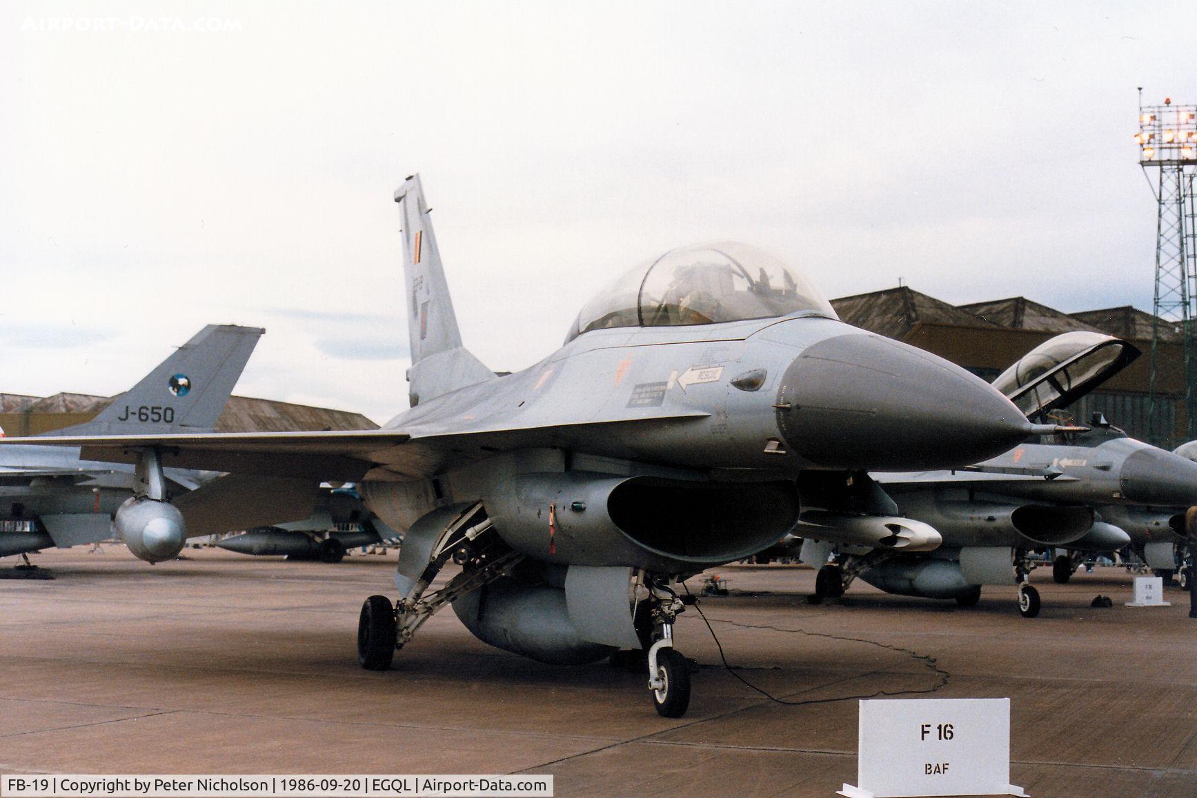 FB-19, SABCA F-16B Fighting Falcon C/N 6J-19, F-16B Falcon of 10 Wing Belgian Air Force on display at the 1986 RAF Leuchars Airshow.