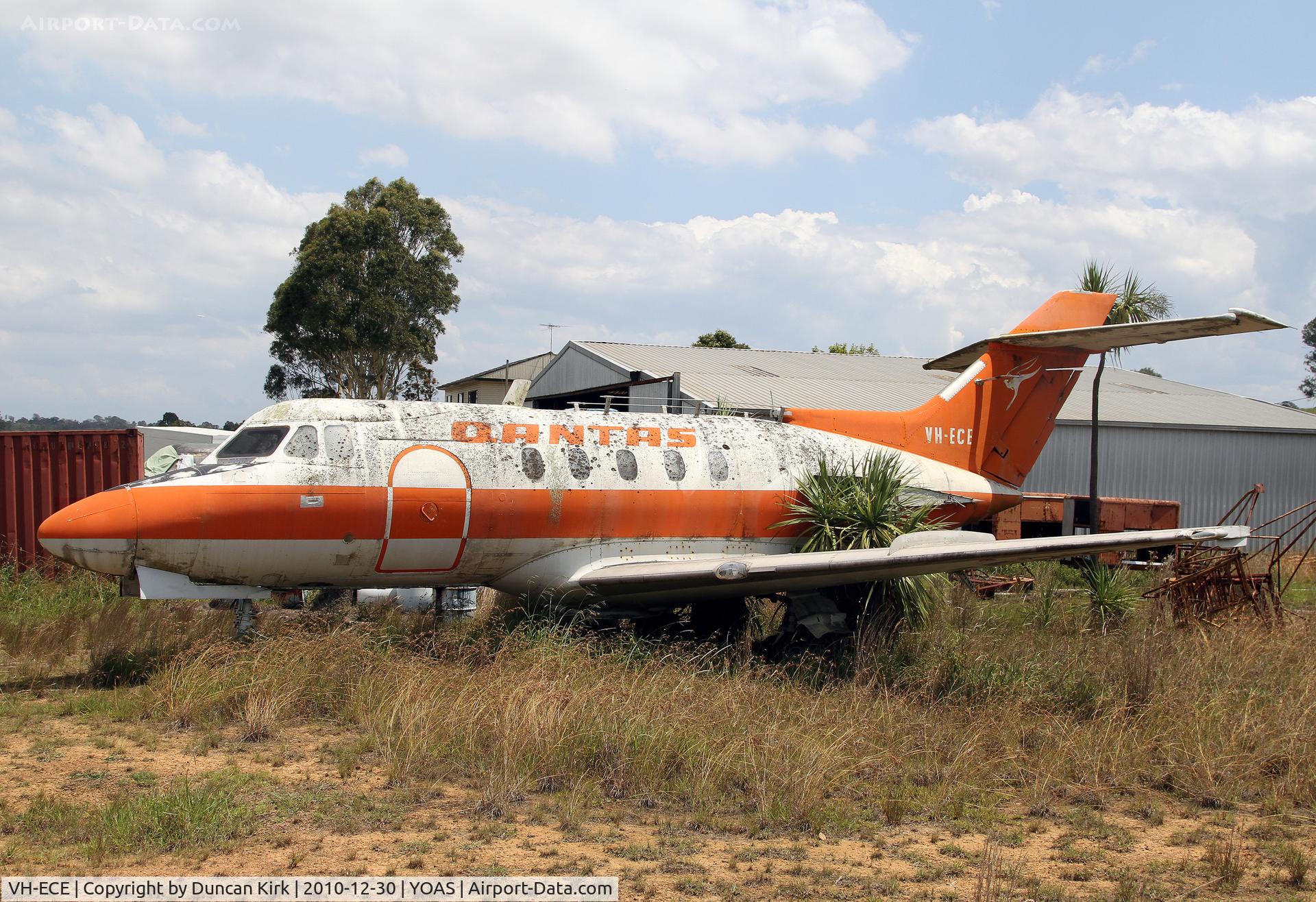 VH-ECE, 1965 Hawker Siddeley HS.125 Series 3B C/N 25062, VH-ECE is still carried by derelict HS-125-3B c/n 25062 in QANTAS colours at The Oaks.