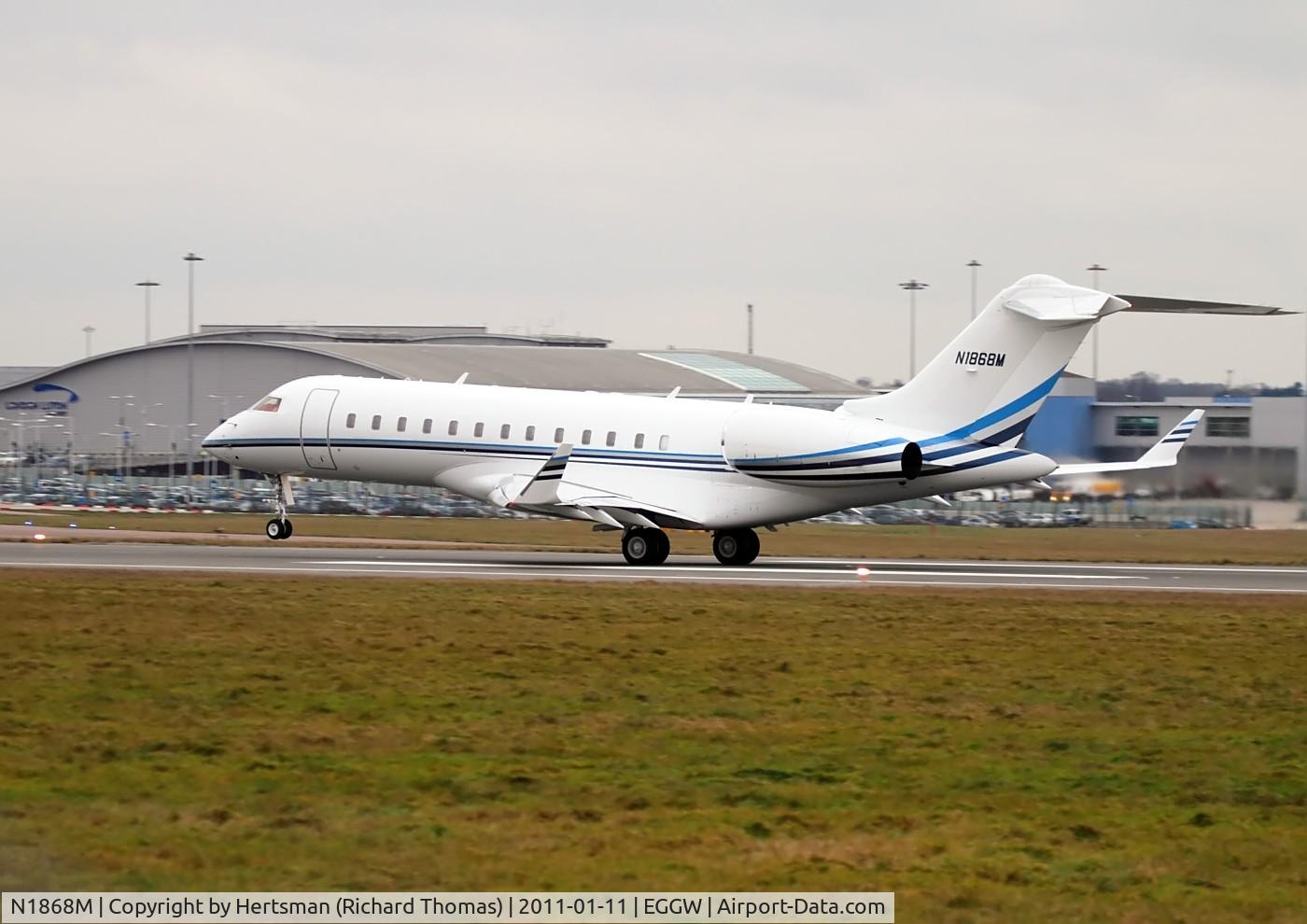 N1868M, 2008 Bombardier BD-700-1A10 Global Express XRS C/N 9316, Seen on departure from Luton, England on 11th January 2011