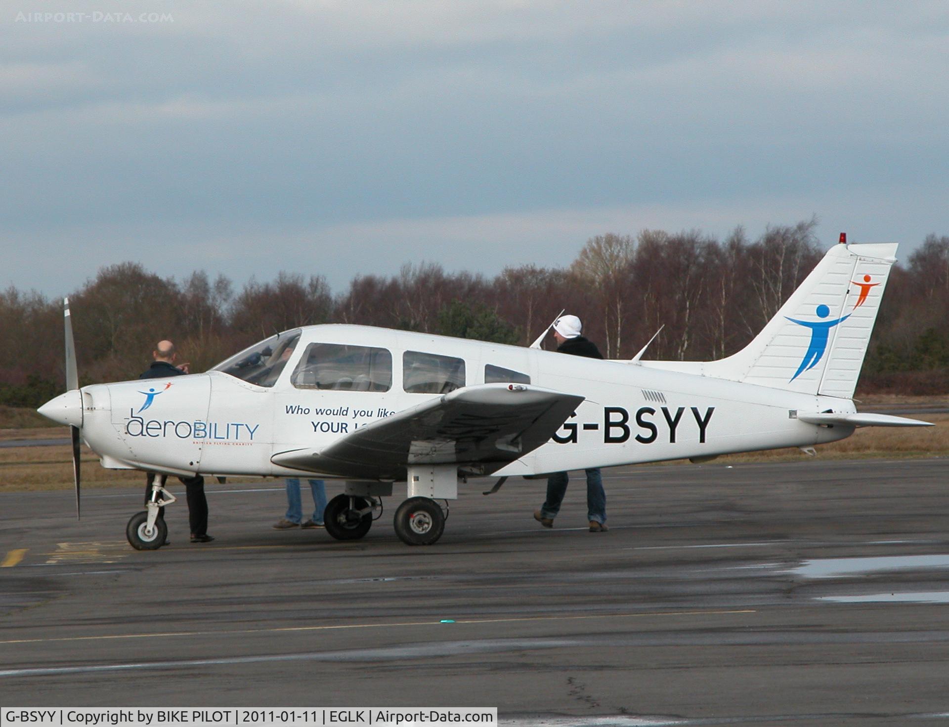 G-BSYY, 1986 Piper PA-28-161 Cherokee Warrior II C/N 2816009, Aerobility Cherokee Warrior II at the pumps