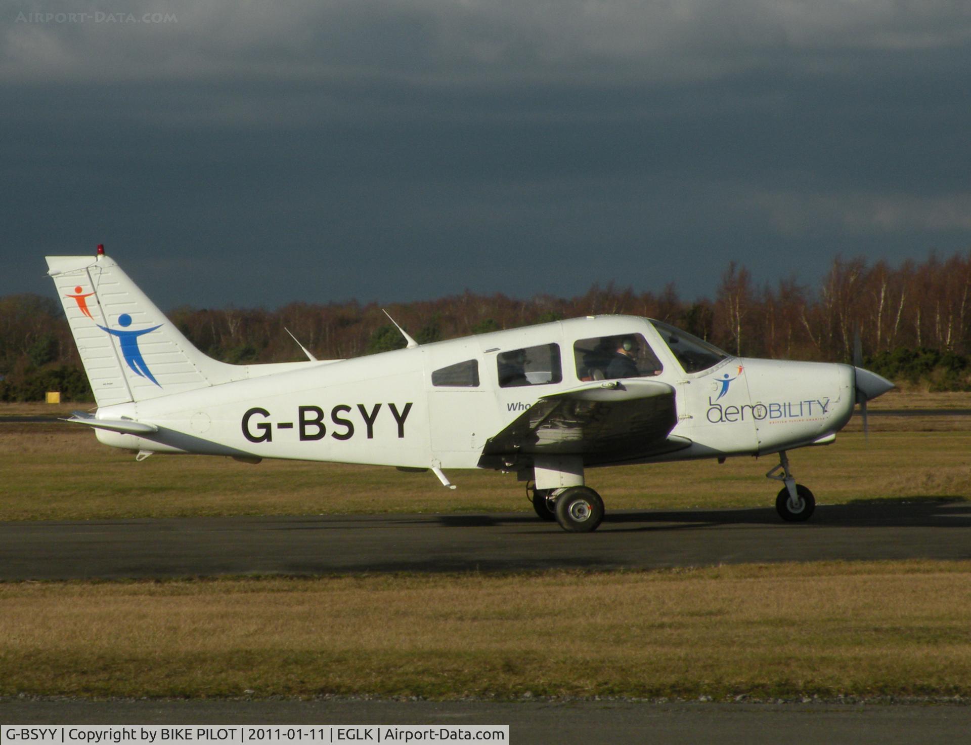 G-BSYY, 1986 Piper PA-28-161 Cherokee Warrior II C/N 2816009, Aerobility Cherokee Warrior heading for rwy 25