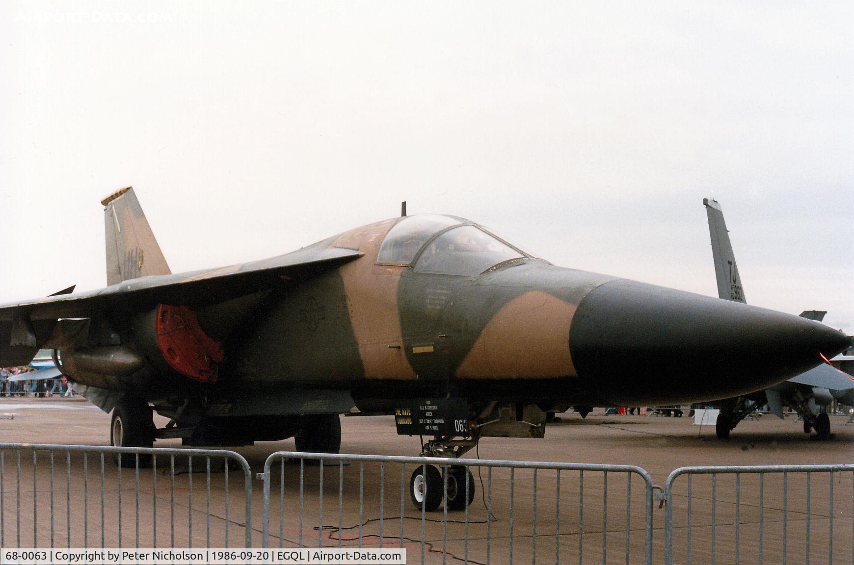 68-0063, 1968 General Dynamics F-111E Aardvark C/N A1-232, F-111E of RAF Upper Heyford's 77th Tactical Fighter Squadron/20th Tactical Fighter Wing on display at the 1986 RAF Leuchars Airshow.