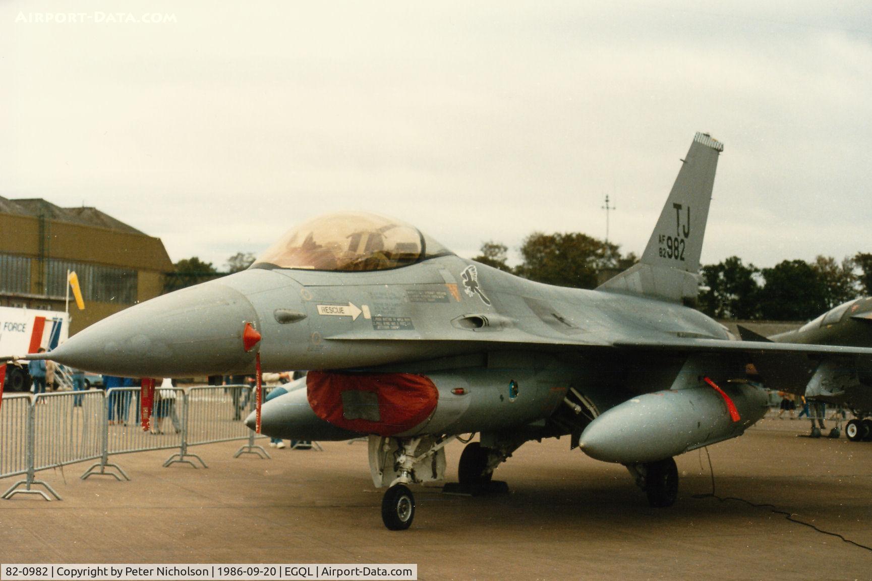 82-0982, 1982 General Dynamics F-16A Fighting Falcon C/N 61-575, F-16A Falcon of 612th Tactical Fighter Squadron/401st Tactical Fighter Wing based at Torrejon on display at the 1986 RAF Leuchars Airshow.