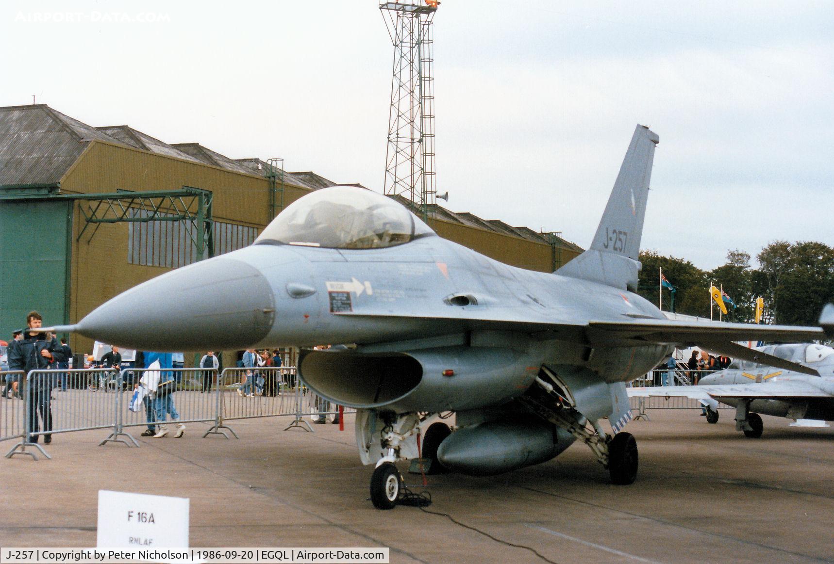 J-257, Fokker F-16A Fighting Falcon C/N 6D-46, F-16A Falcon of 322 Squadron Royal Netherlands Air Force based at Leeuwarden on display at the 1986 RAF Leuchars Airshow.