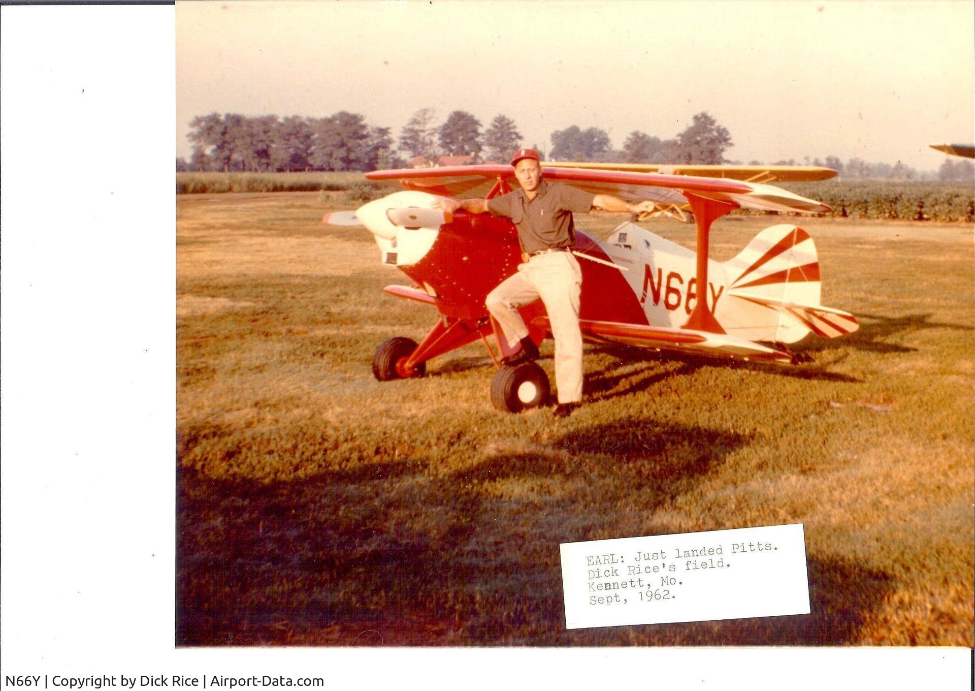 N66Y, 1963 Pitts S-1C Special C/N 1 (N66Y), crop duster Earl Reisdorfer, while working for Dick Rice of Bootheel Aviation, Kennett, MO.  Earl made the maiden flight for Pitts-SC-1. photo submitted by Earl's daughter, Nancy Hau