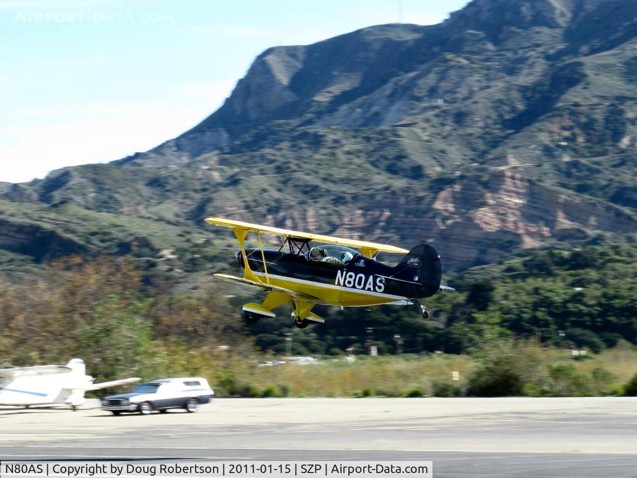 N80AS, 1992 Pitts S-2B Special C/N 5244, 1992 Pitts Aerobatics S-2B, Lycoming AEIO-540, Takeoff climb Rwy 04