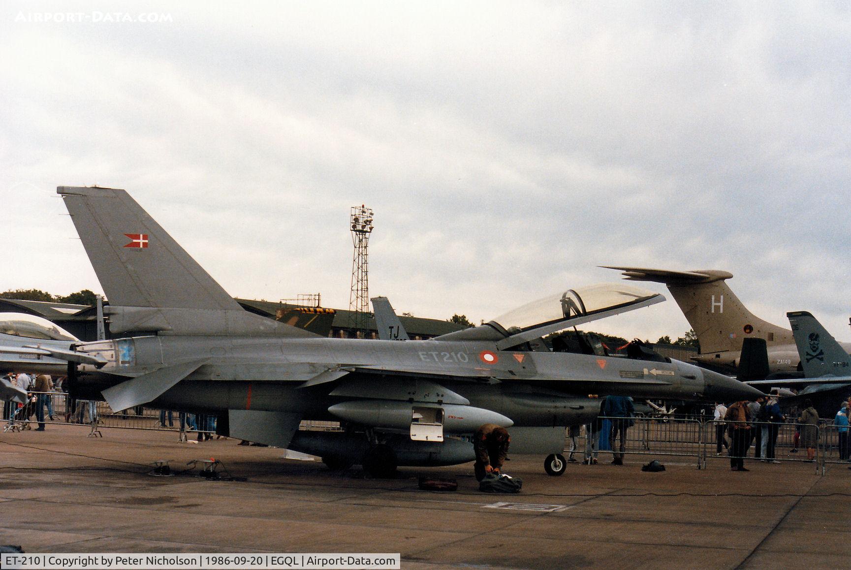 ET-210, 1981 SABCA F-16B Fighting Falcon C/N 6G-7, F-16B Falcon of Esk 723 Royal Danish Air Force at Aalborg on display at the 1986 RAF Leuchars Airshow.