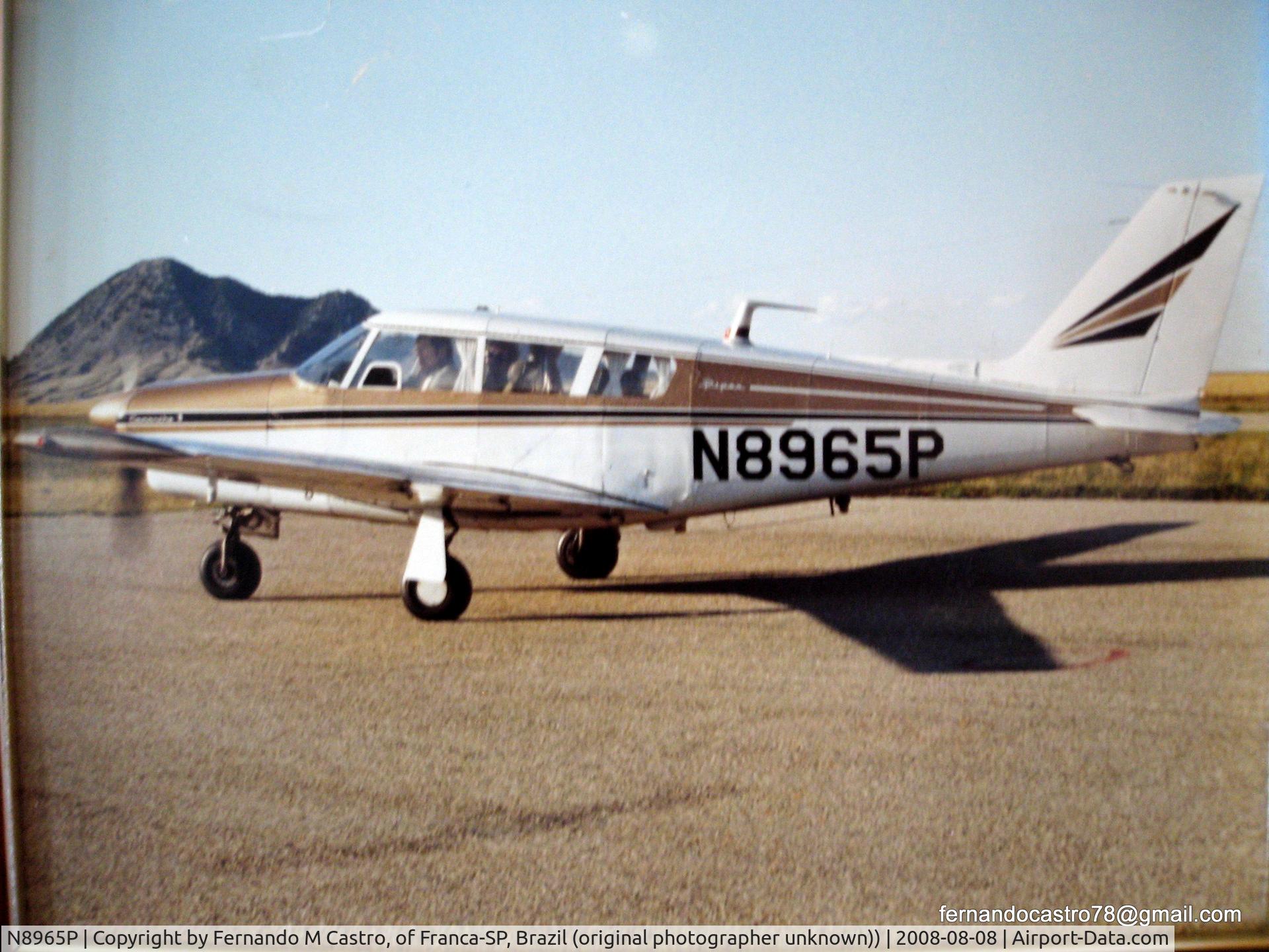 N8965P, 1966 Piper PA-24-260 C/N 24-4422, Aircraft belonged to Mr Willis Laraway of New Ulm, MN in the 80's. I was a foreign exchange student form Brazil living with the Laraways in 77-78. Photo taken 8-8-2008 from an existing picture from Mr. Laraway, at his Longlake, MN cabin.