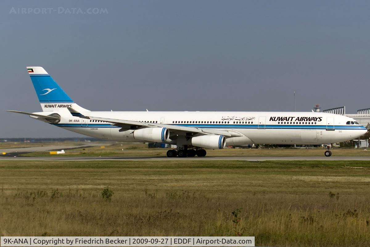 9K-ANA, 1995 Airbus A340-313 C/N 089, departing via RW18W