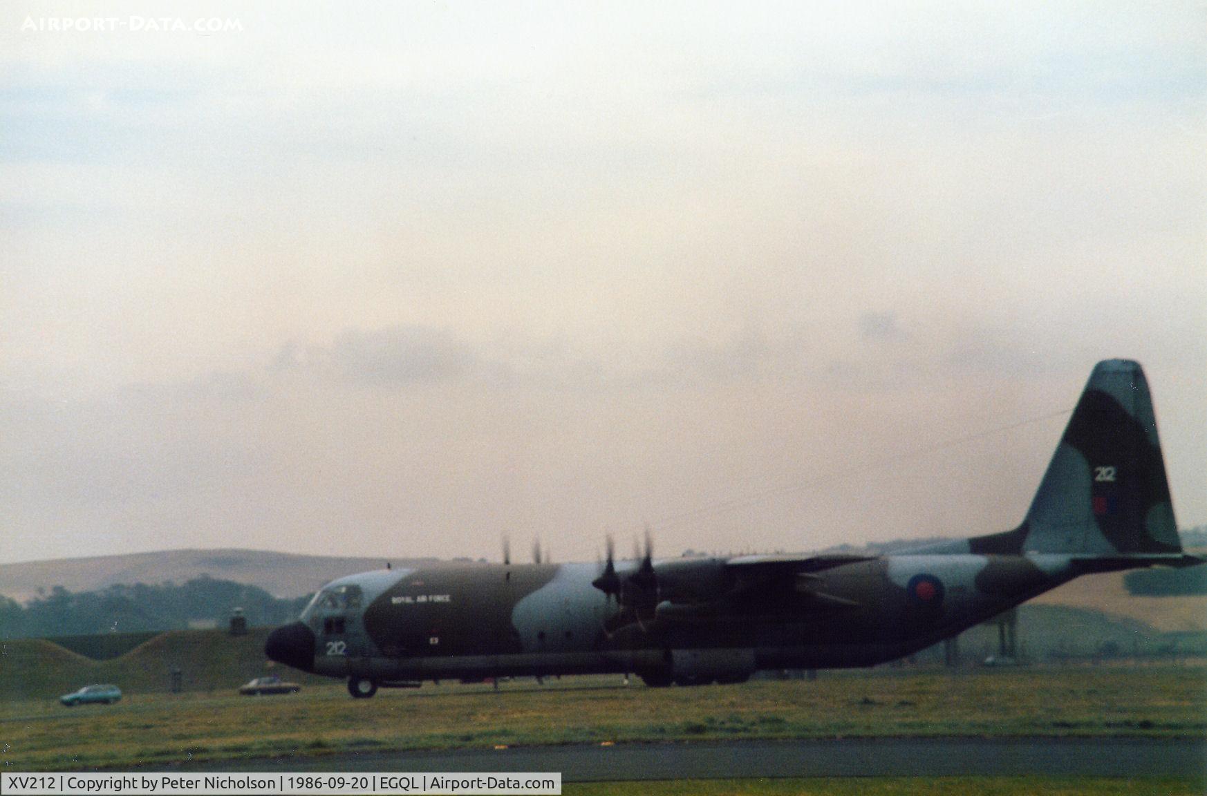 XV212, 1967 Lockheed C-130K Hercules C.3 C/N 382-4238, Hercules C.3 of the Lyneham Transport Wing acting as support aircraft for the Red Arrows aerobatic display team at the 1986 RAF Leuchars Airshow.