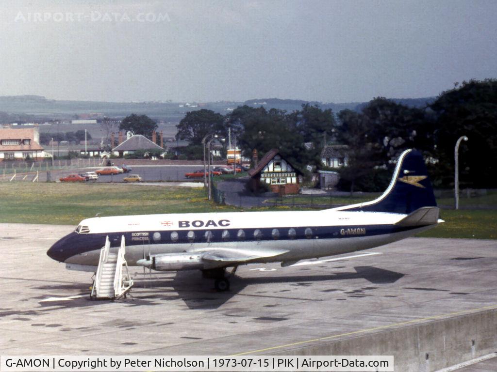 G-AMON, 1953 Vickers Viscount 701 C/N 27, Viscount 701 named Scottish Princess of BOAC at the terminal at Prestwick in the Summer of 1973.