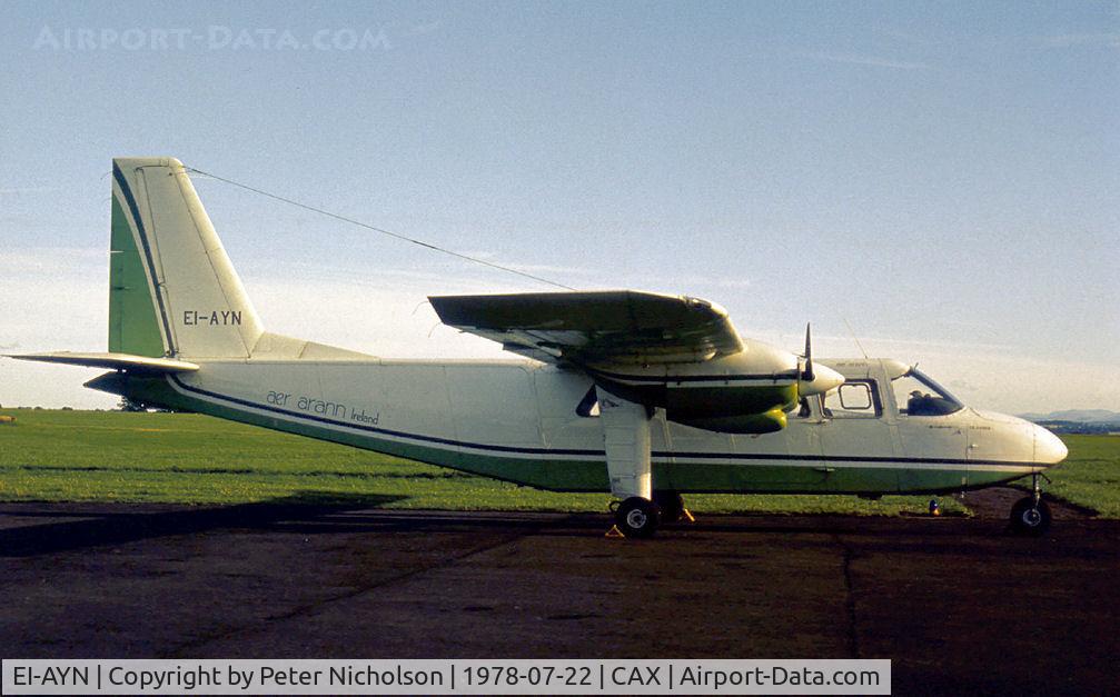 EI-AYN, 1974 Britten-Norman BN-2A-8 Islander C/N 704, BN-2A Islander of Aer Arann was a visitor to Carlisle in the Summer of 1978.