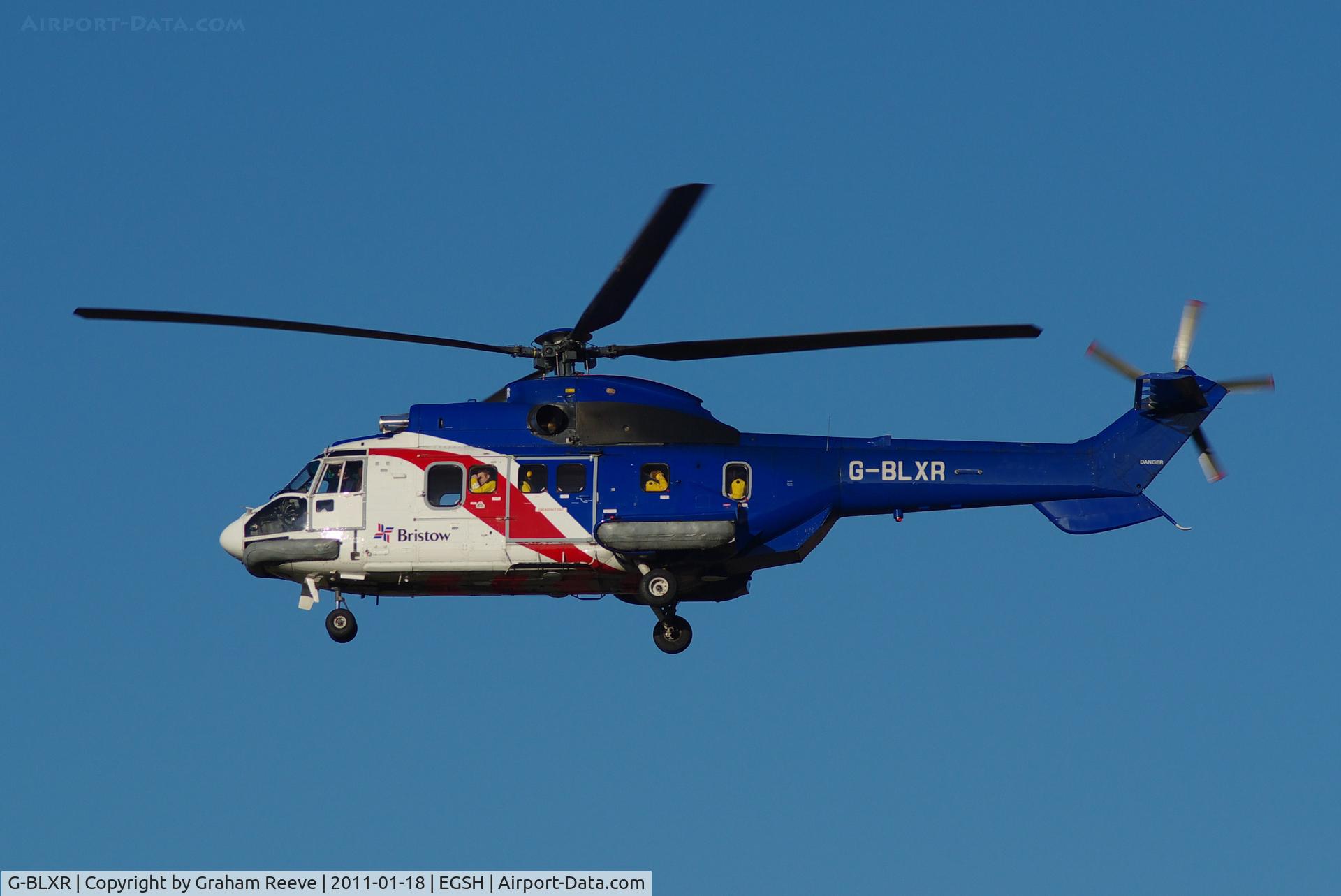G-BLXR, 1985 Aerospatiale AS-332L Super Puma C/N 2154, About to land at Norwich.