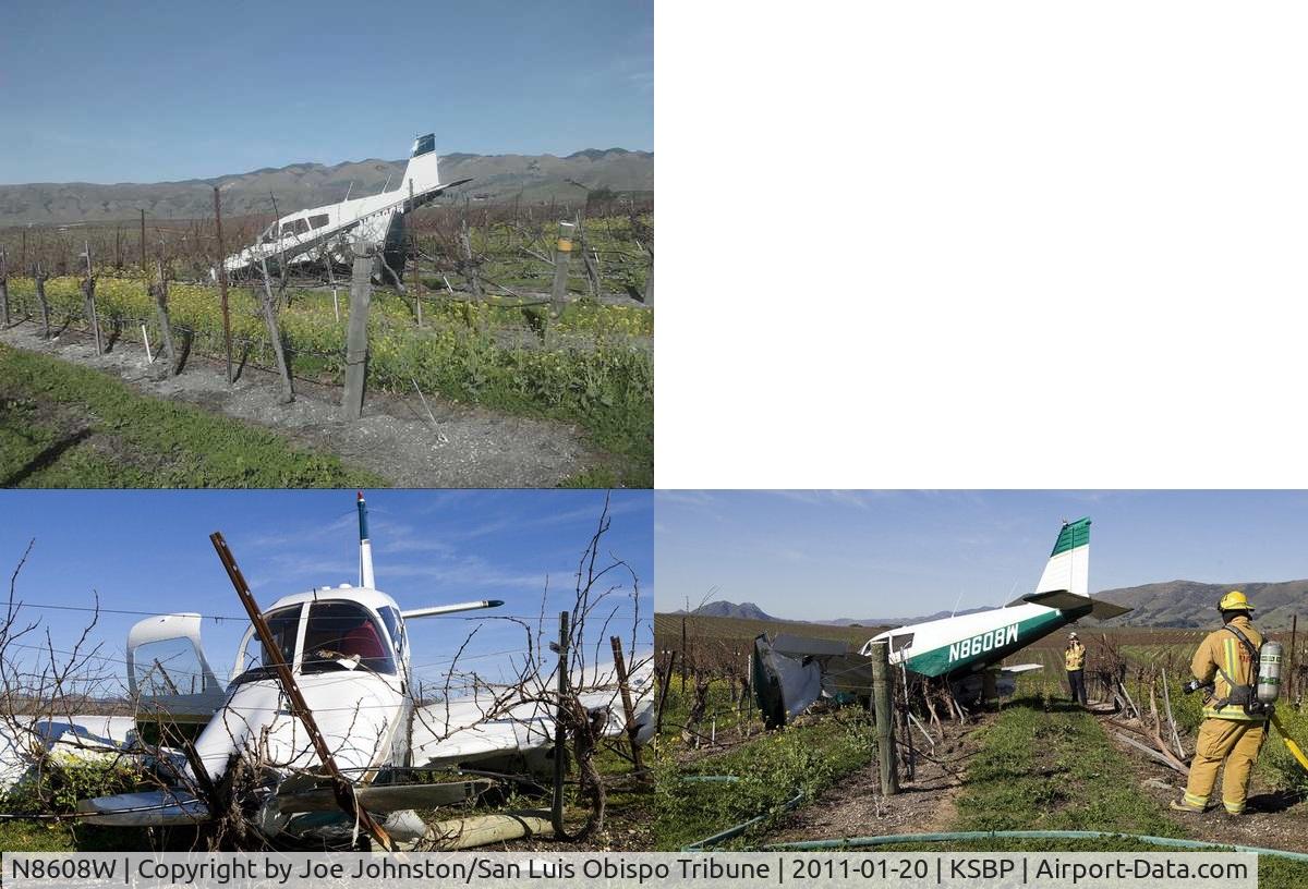 N8608W, 1963 Piper PA-28-235 Cherokee C/N 28-10124, 1:40 p.m.: Vineyard off of Biddle Ranch Road and Highway 227 near San Luis Obispo about a mile east of San Luis Obispo County Regional Airport's runway 29. The single occupant of the Piper Cherokee 235 aircraft, was not injured in the crash at Paragon Vin