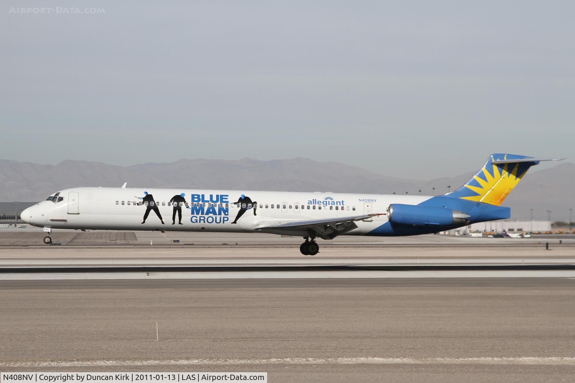 N408NV, 1991 McDonnell Douglas MD-82 (DC-9-82) C/N 53246, Wearing promotions for The Blue Man Group which is a permanent show at The Ventian
