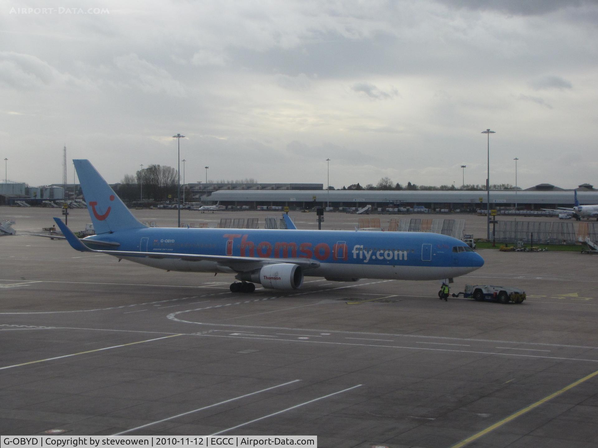 G-OBYD, 1997 Boeing 767-304/ER (BCF) C/N 28042, from inside the terminal manchester Ringway
