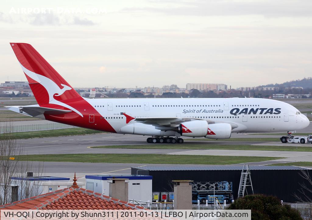 VH-OQI, 2010 Airbus A380-842 C/N 055, Trackted to the gate before delivery...