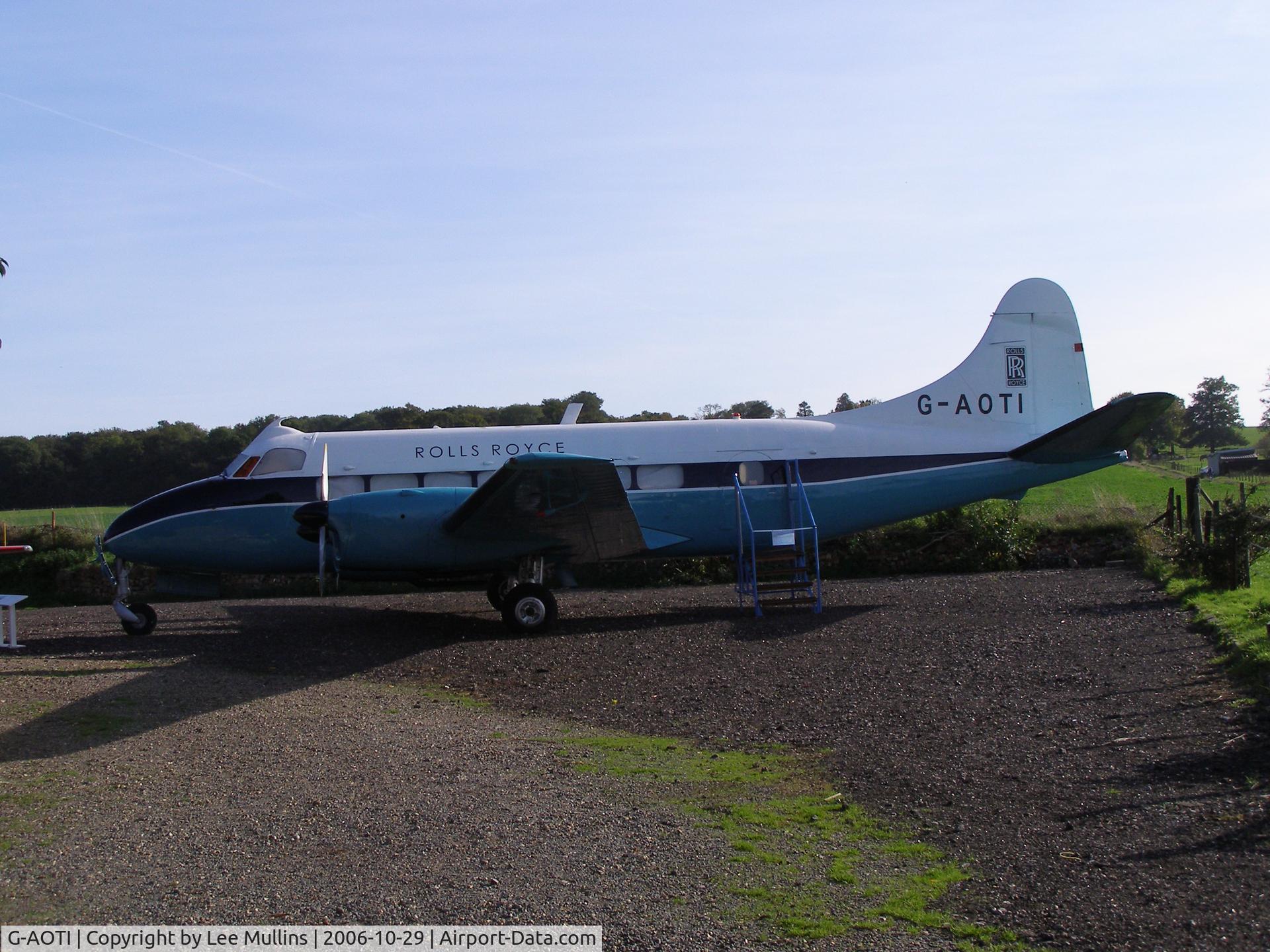G-AOTI, 1956 De Havilland DH-114 Heron 2D C/N 14107, G-AOTI in Rolls Royce colours at Salisbury Hall, Mosquito Museum.