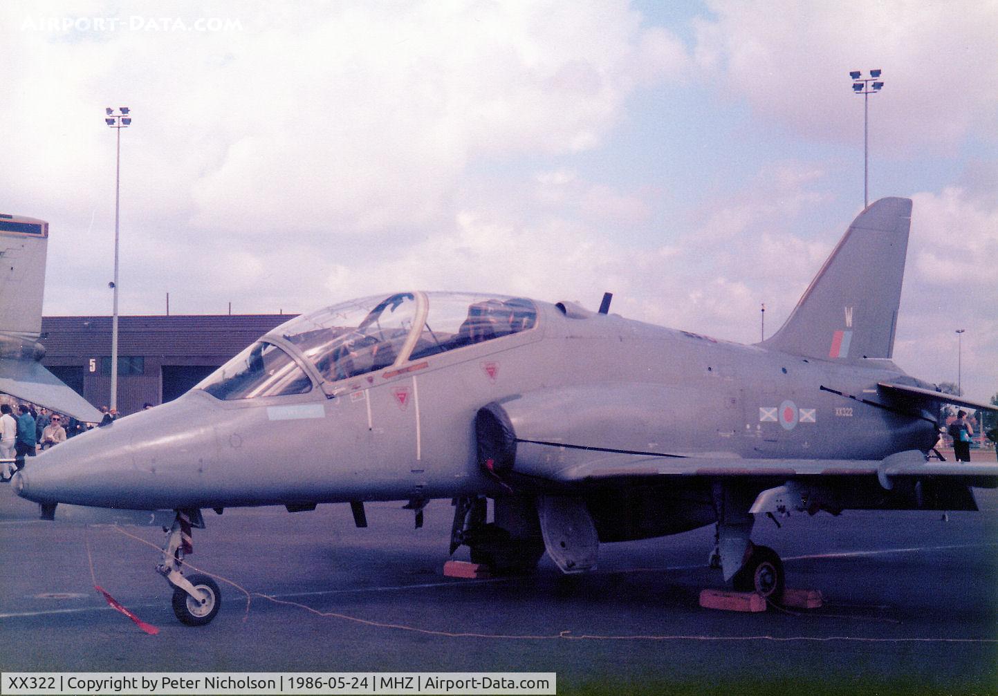 XX322, 1980 Hawker Siddeley Hawk T.1A C/N 165/312147, Hawk T.1A of 151 Squadron at RAF Brawdy on display at the 1986 RAF Mildenhall Air Fete.
