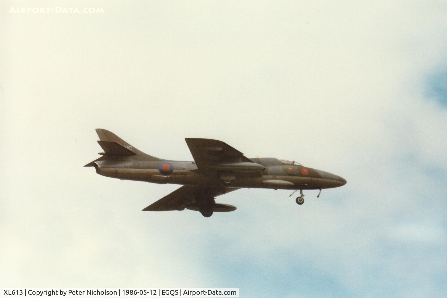 XL613, 1958 Hawker Hunter T.7 C/N 41H/695347, Hunter T.7 of 237 Operational Conversion Unit at RAF Lossiemouth landing there in May 1986.