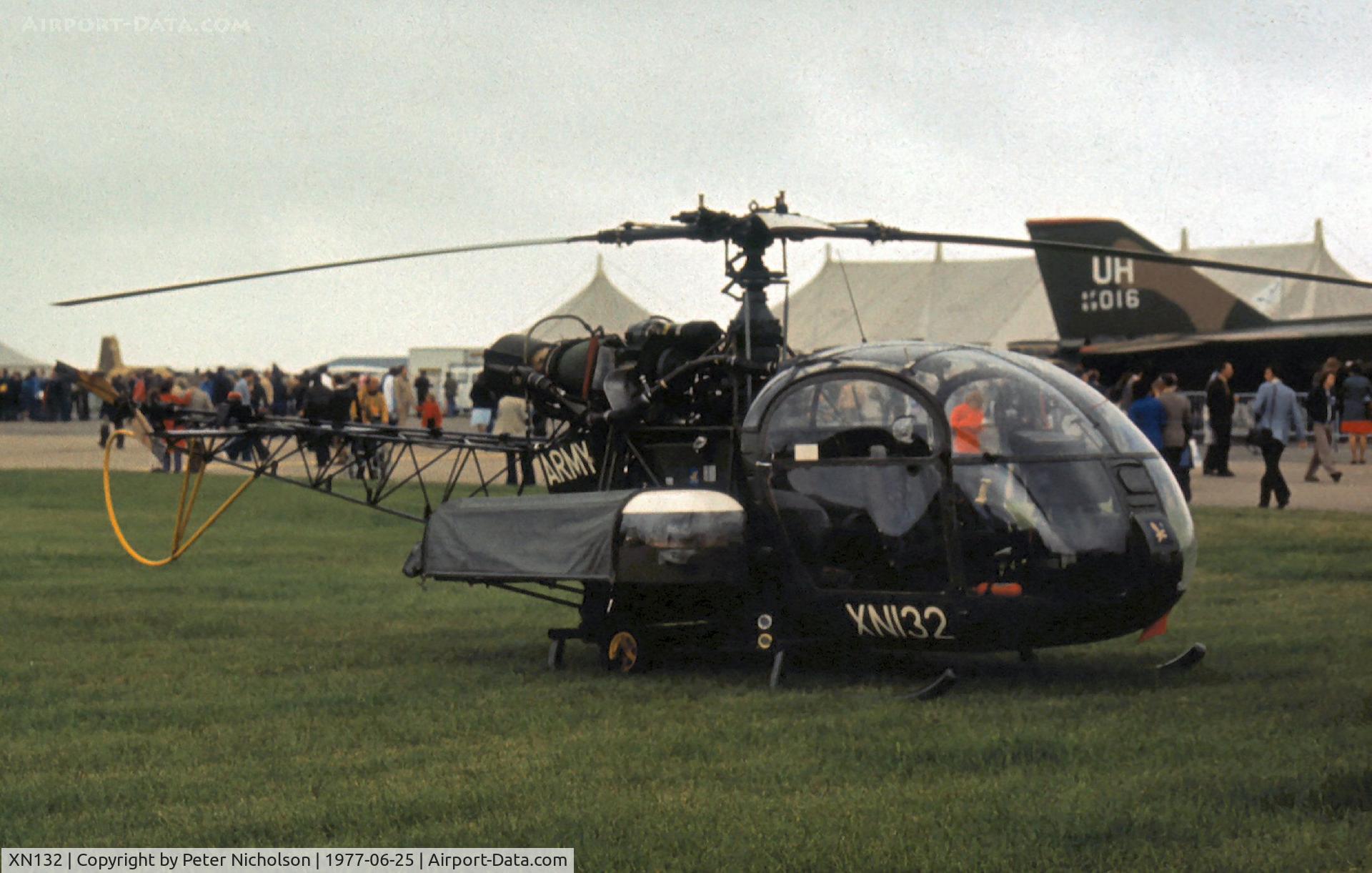 XN132, 1958 Sud Aviation Alouette AH.2 C/N 1185, Alouette AH.2 of 6A Flight Army Air Corps on display at the 1977 International Air Tattoo at RAF Greenham Common.