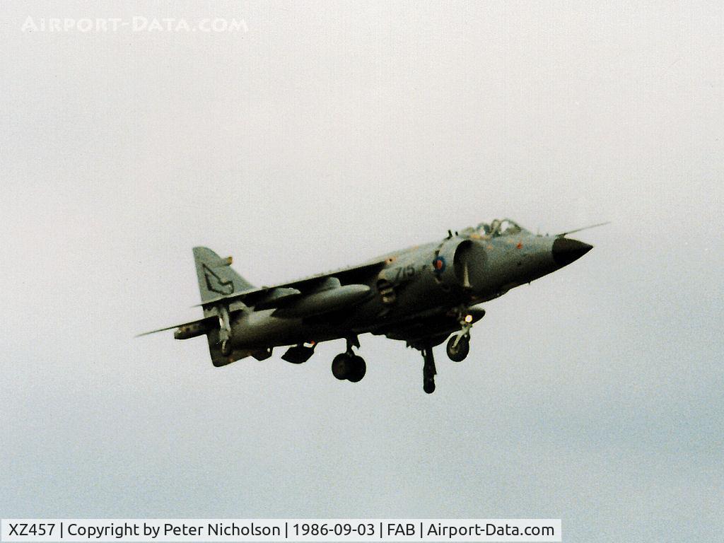 XZ457, 1979 British Aerospace Sea Harrier FRS.1 C/N 41H-912011, Sea Harrier FRS.1 of 899 Squadron at RNAS Yeovilton in the hover at the 1986 Farnborough Airshow.