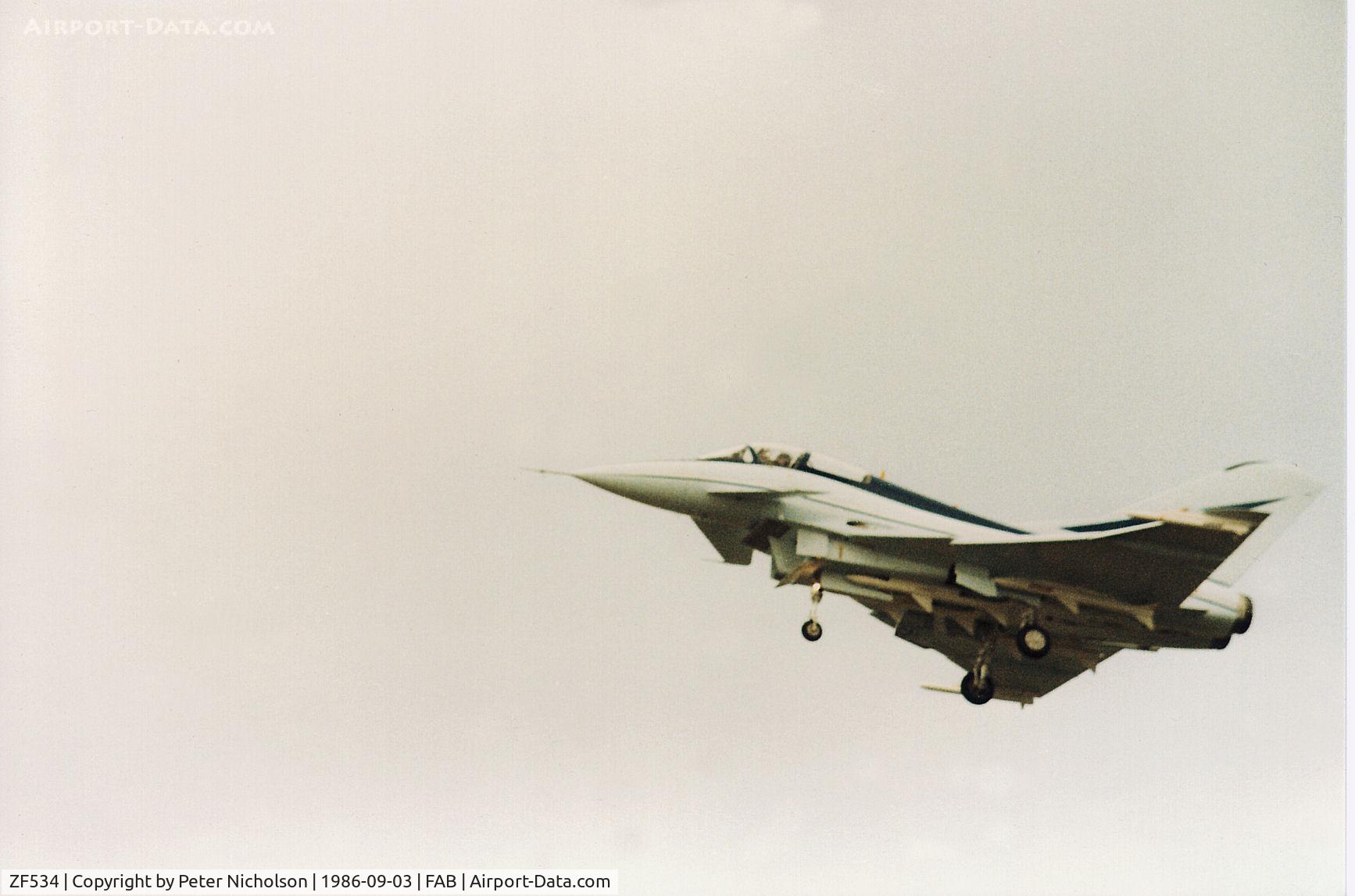 ZF534, 1986 British Aerospace EAP C/N Unknown, The Experimental Aircraft Prototype of British Aerospace on a fly-past at the 1986 Farnborough Airshow.