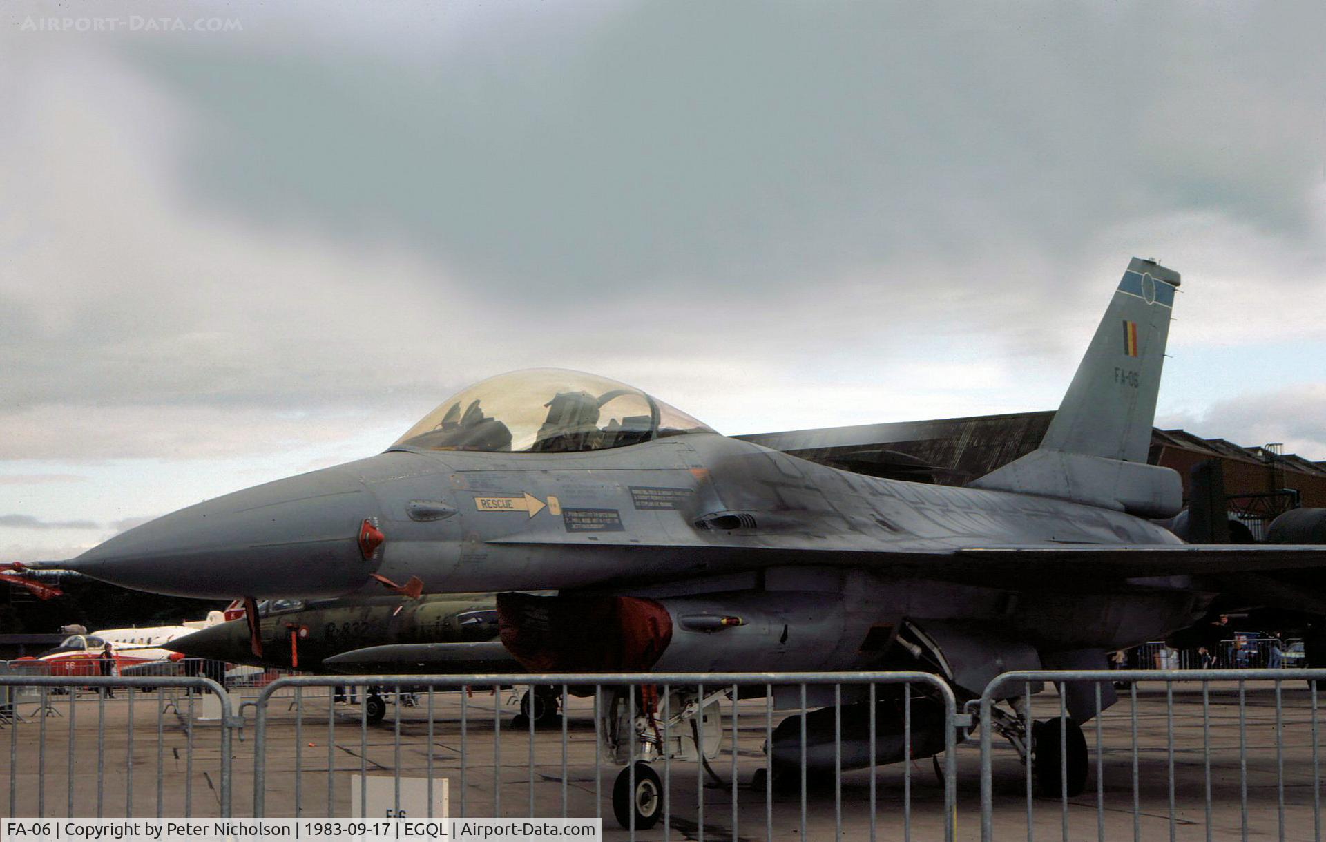 FA-06, SABCA F-16A Fighting Falcon C/N 6H-6, F-16A Falcon of 349 Squadron Belgian Air Force on display at the 1983 RAF Leuchars Airshow.