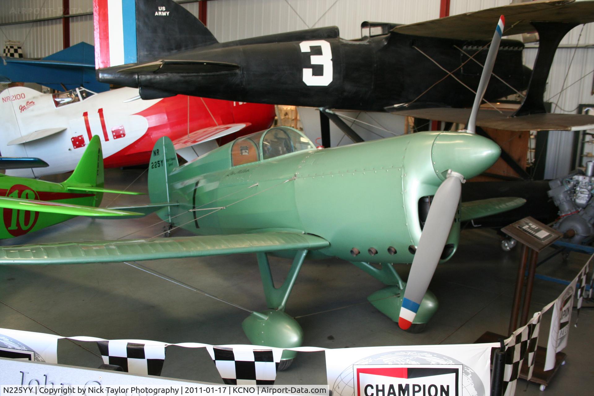 N225YY, 1986 Miles & Attwood Special replica C/N T-6, Replica of the Miles & Atwood Special Racer. The actual aircraft raced at the National Air Races from 1933 to 1937, but was lost in a crash during the 1937 races.
