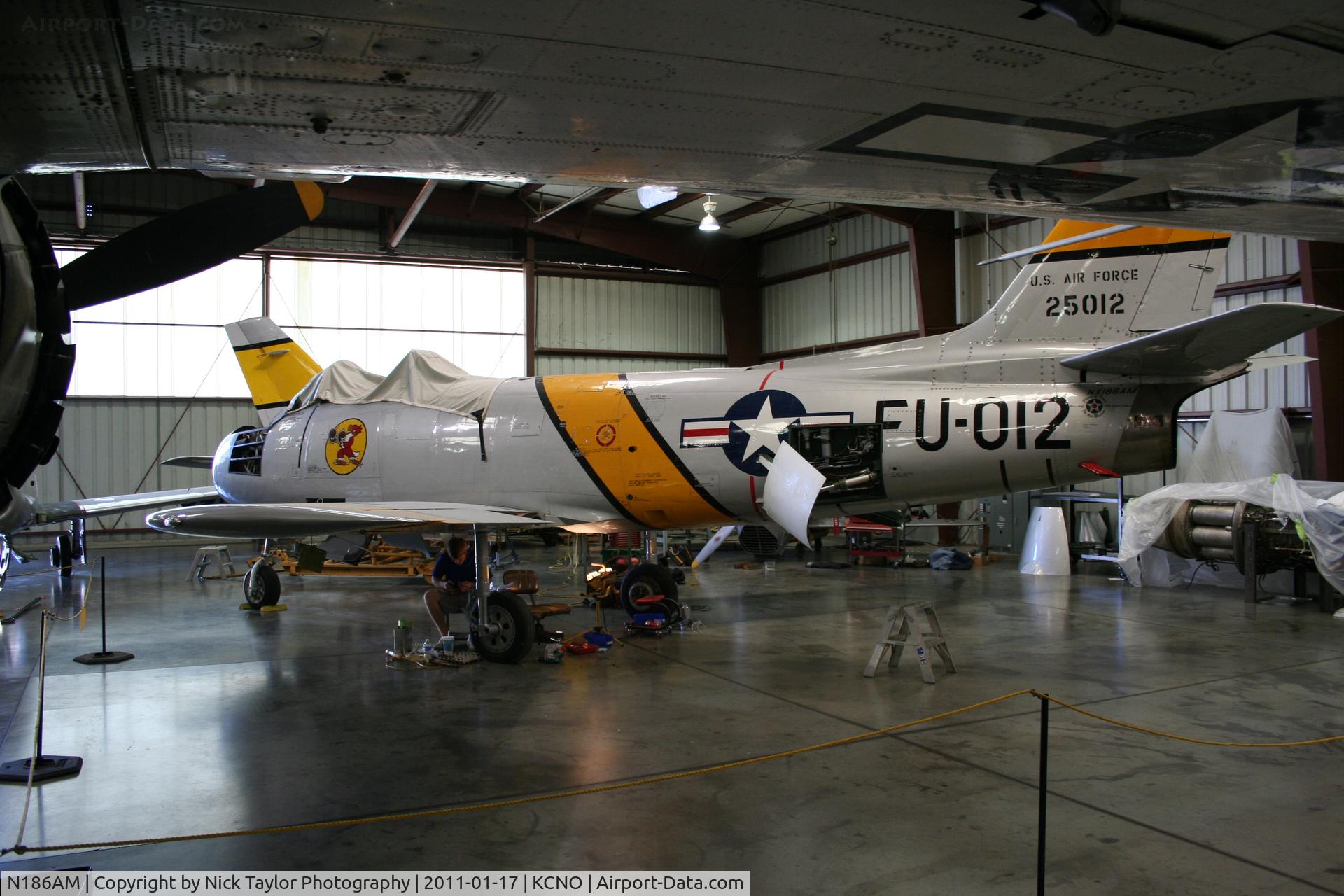 N186AM, 1952 North American F-86F Sabre C/N 191-708, Being worked on at the Planes of Fame museum in Chino