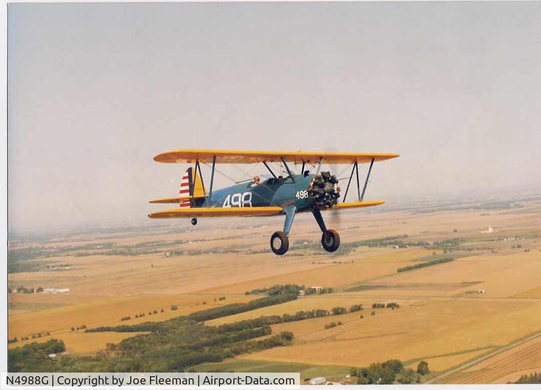 N4988G, Boeing A75N1(PT17) C/N 41294, Stearman PT-17 N4988G.  Flying near Galesburg, IL during the National Stearman Fly-in, 1989.  Owned & flown by Rick Rice.