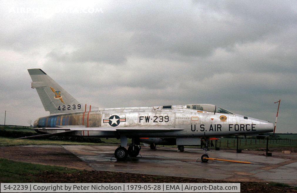 54-2239, 1954 North American F-100D Super Sabre C/N 223-119, F-100D Super Sabre on display at the East Midlands Airport in May 1979 and now preserved at Toulouse.