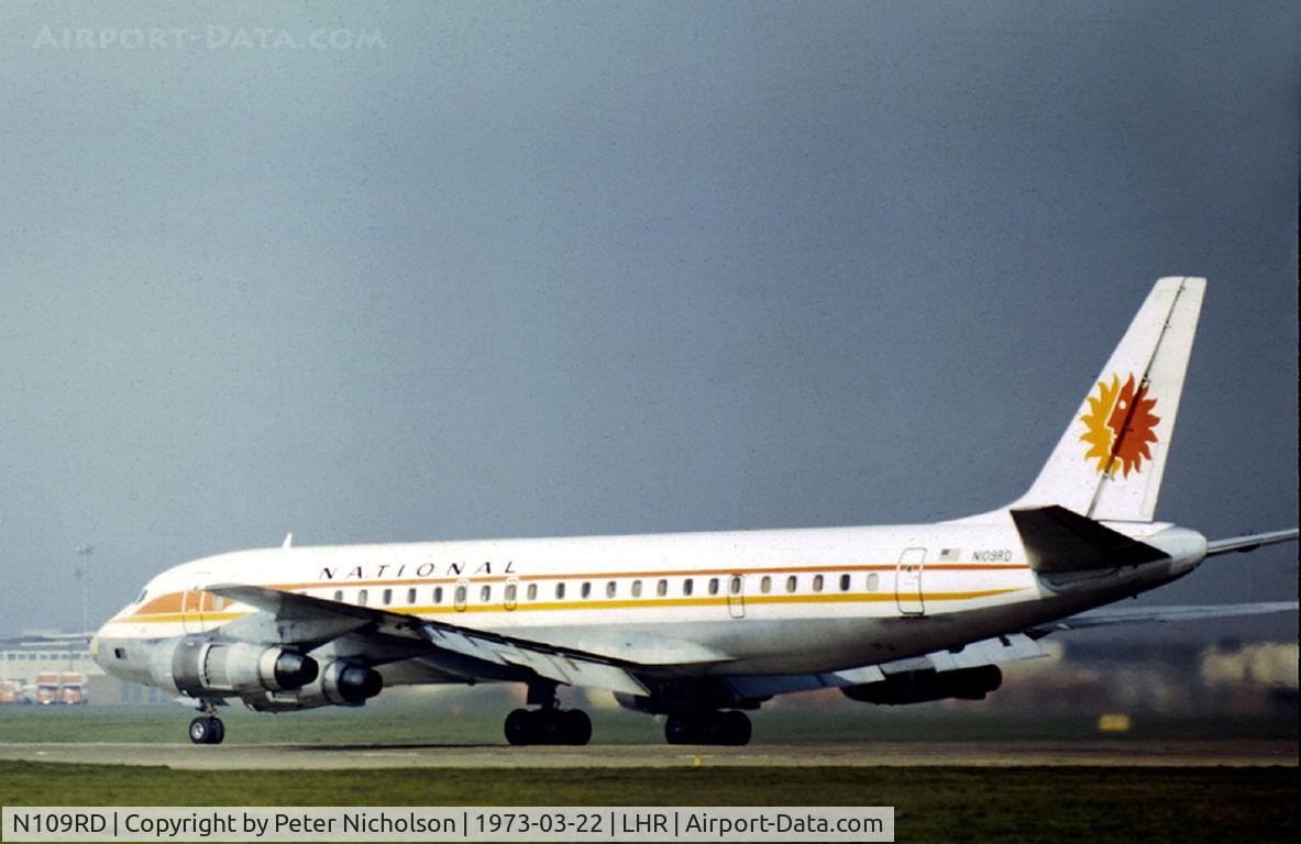 N109RD, 1964 Douglas DC-8F-54 C/N 45674, DC-8F-54 of National Airlines preparing to depart from London Heathrow in March 1973.