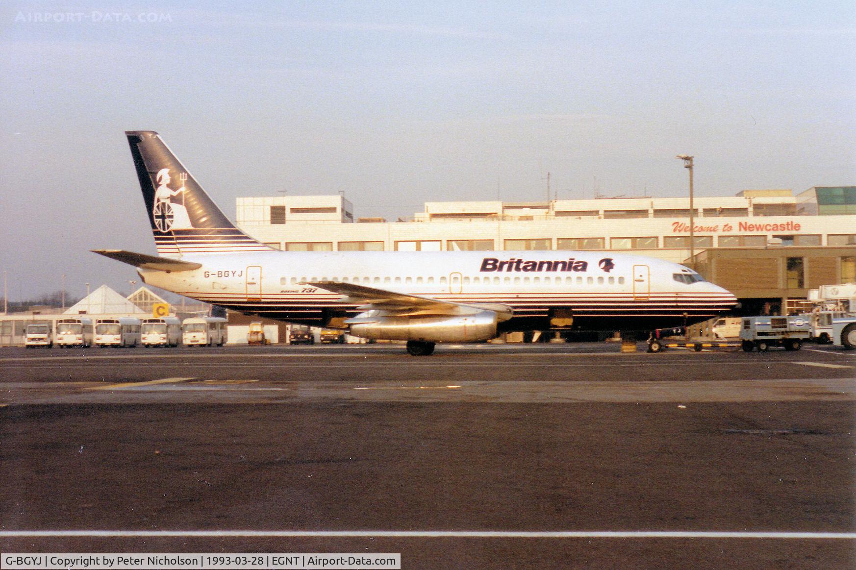 G-BGYJ, 1979 Boeing 737-204 C/N 22057, Boeing 737-204 of Britannia Airways parked at Newcastle in March 1993.