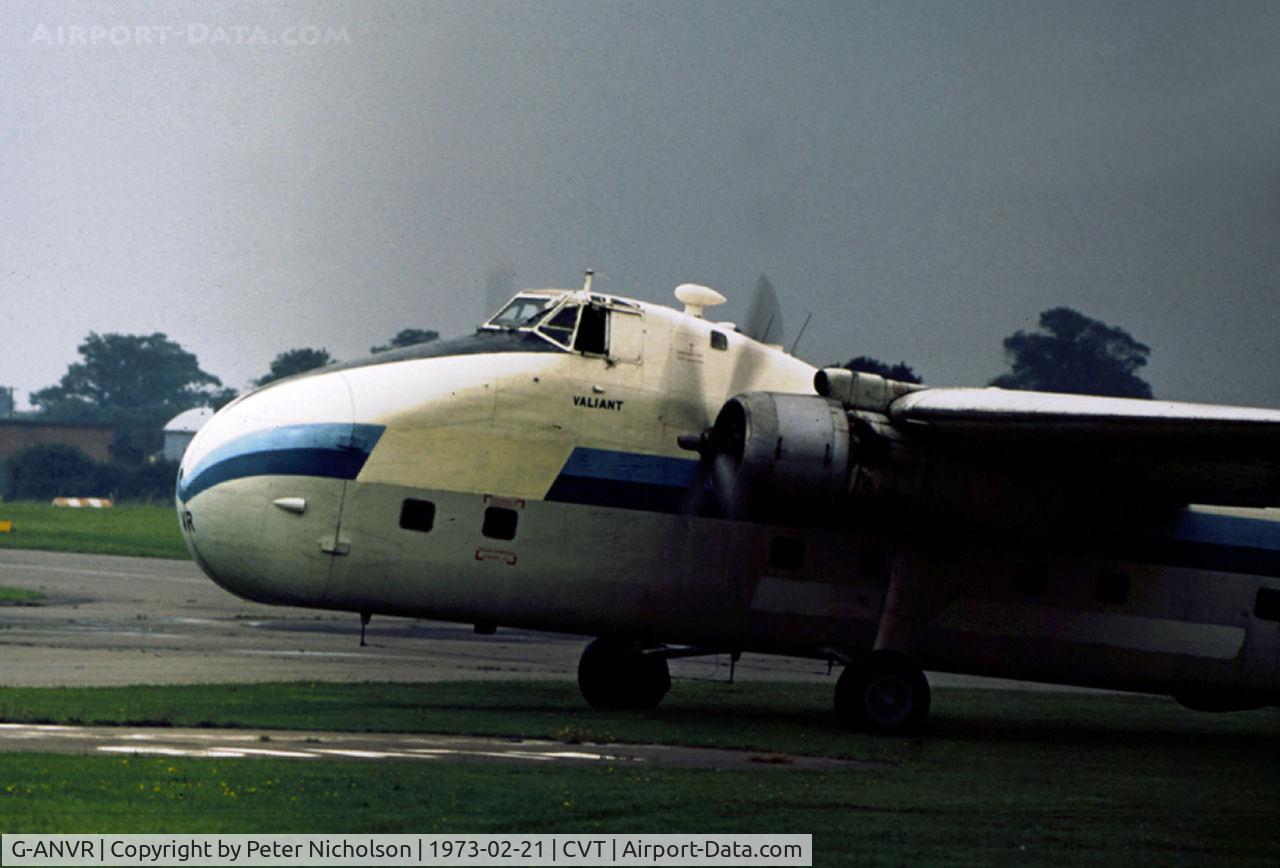 G-ANVR, 1954 Bristol 170 Freighter Mk.32 C/N 13251, Superfreighter Mk.32 named Valiant previously operated by British Air Ferries and acquired by Midland Air Cargo at Coventry Airport as seen in February 1973.