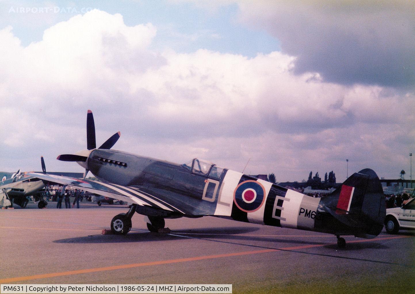 PM631, 1945 Supermarine 389 Spitfire PR.XIX C/N 6S/683528, Spitfire PR.XIX of the RAF's Battle of Britain Memorial Flight based at RAF Coningsby attended the 1986 RAF Mildenhall Air Fete.