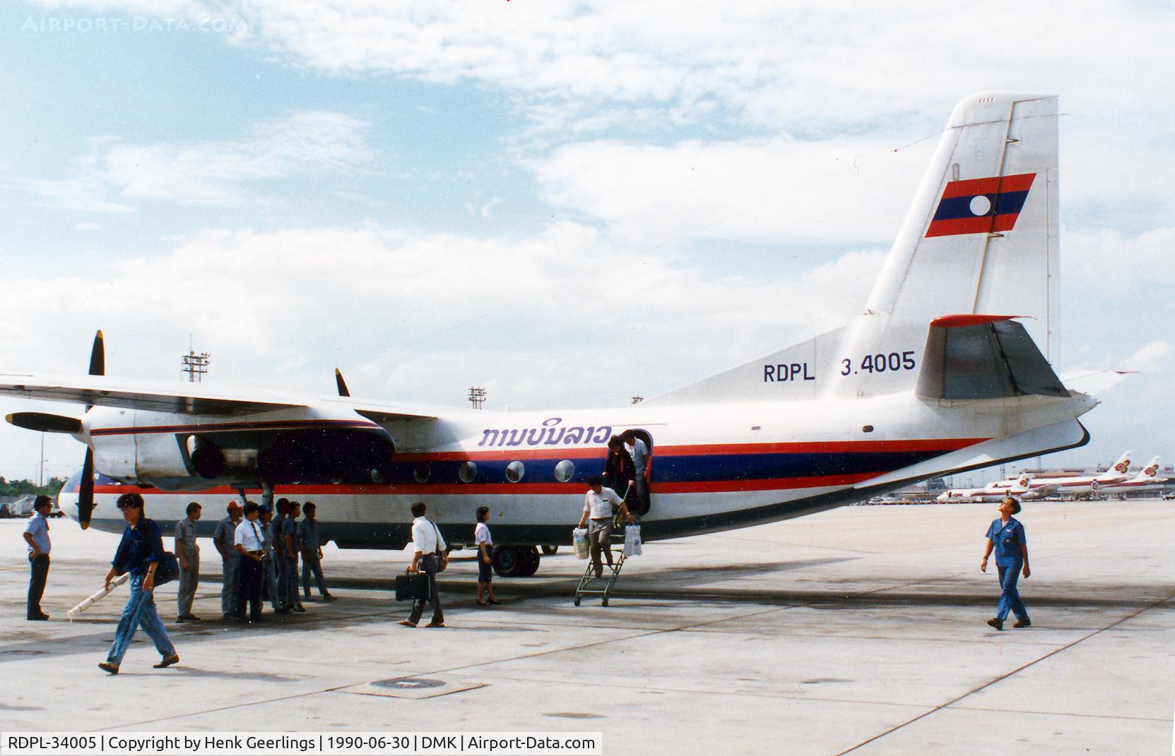 RDPL-34005, 1973 Antonov An-24RV C/N 67310609, Lao Aviation , arvl BKK Don Muang Airport , Jun '90
