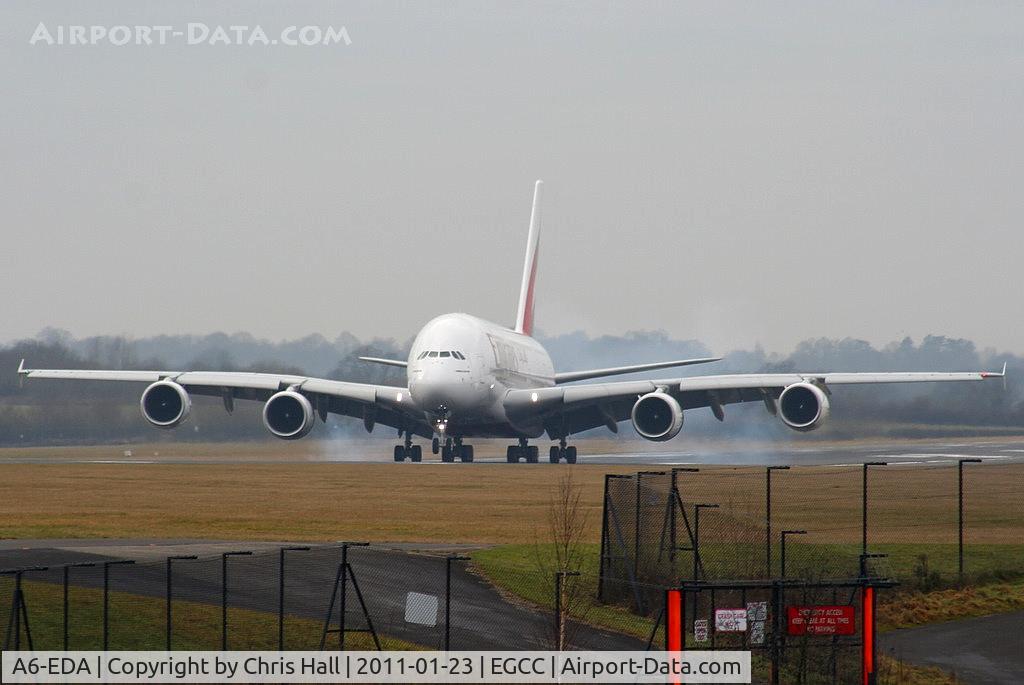 A6-EDA, 2007 Airbus A380-861 C/N 011, Emirates A380 A6-EDA touching down on RW05R and making its first visit to MAN