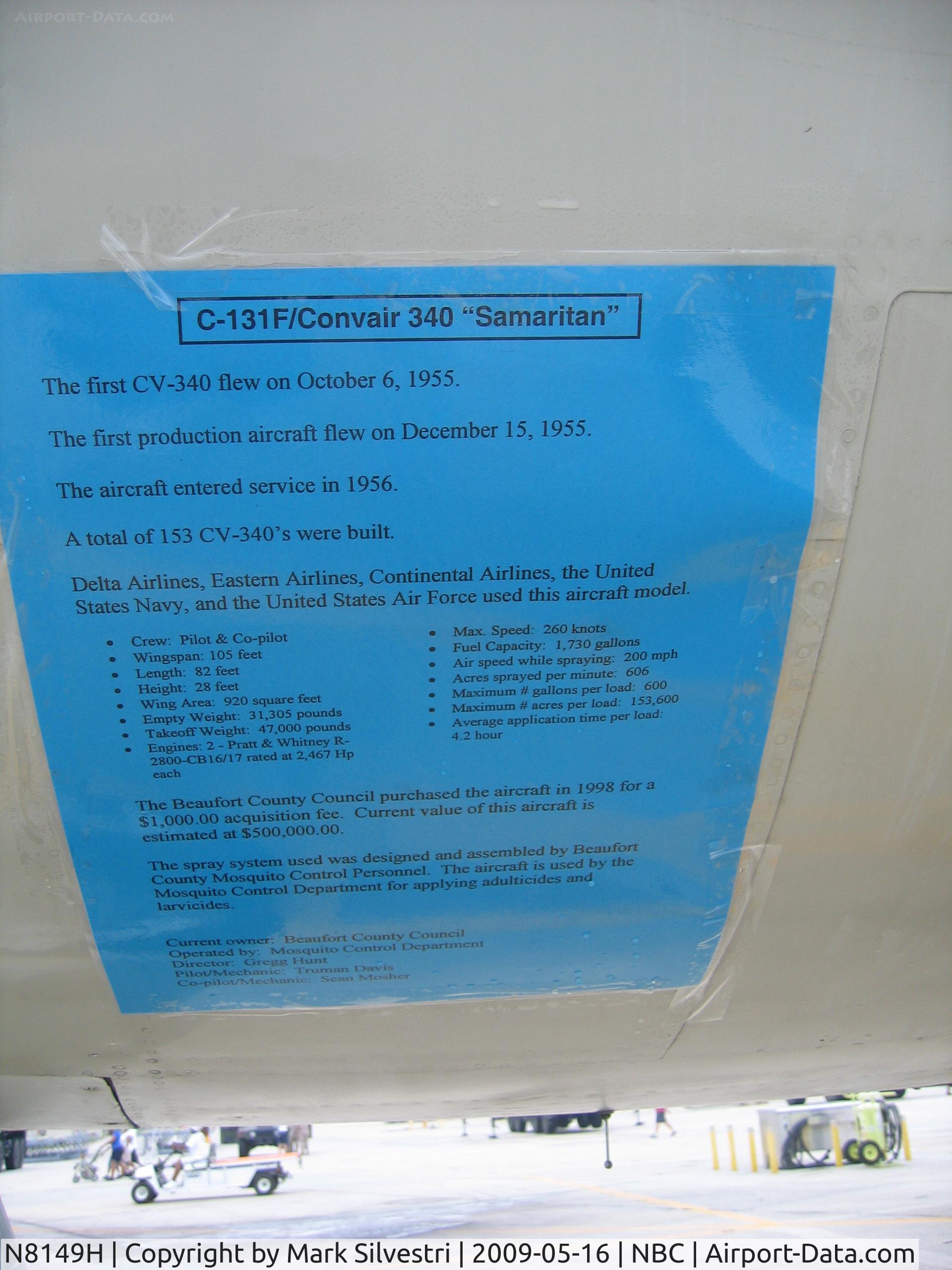N8149H, Convair C-131F (R4Y-1) Samaritan C/N 291, Static at Marine Corps Air Station Beaufort - Description Sheet taped to plane.