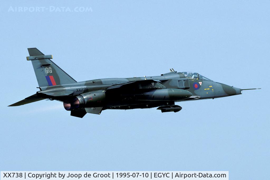 XX738, 1974 Sepecat Jaguar GR.3A C/N S.35, fast and low over the barrier at the end of the Coltishall runway.