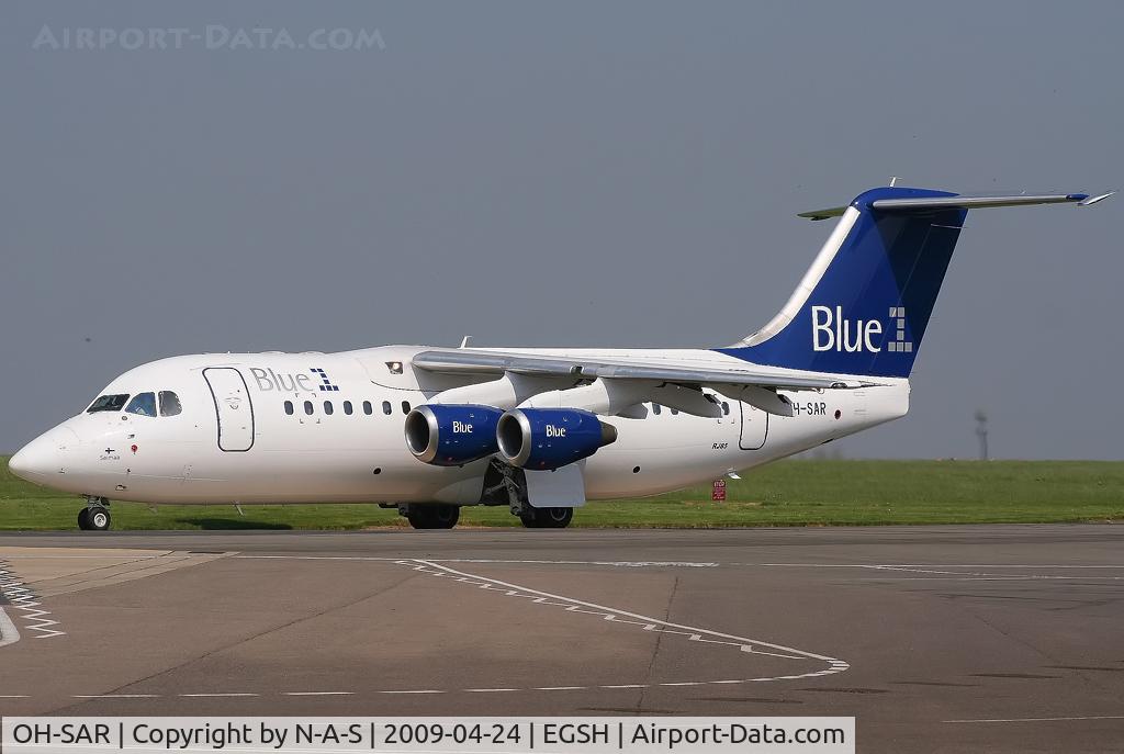 OH-SAR, 1999 British Aerospace Avro 146-RJ85A C/N E2350, Leaving KLM Engineering on its delivery flight