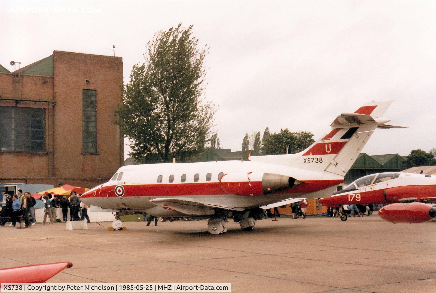XS738, 1966 Hawker Siddeley HS.125 Dominie T.1 C/N 25077, Dominie T.1 of 6 Flying Training School at RAF Finningley on display at the 1985 RAF Mildenhall Air Fete.