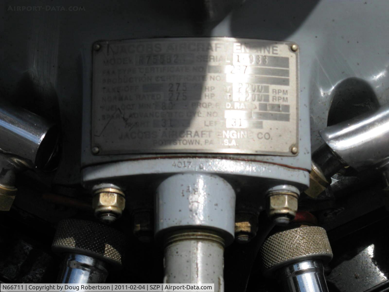 N66711, 1941 Boeing IB75A C/N 75-1675, 1941 Boeing Stearman IB75A, Jacobs R-755B2 275 Hp upgrade, restored, recovered, Restricted Experimental class, engine data plate