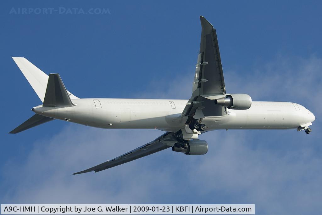 A9C-HMH, 2008 Boeing 767-4FS/ER C/N 34205, Having been divered from PAE to BFI, this former USAF/E-10 platform is seen departing BFI back to PAE.