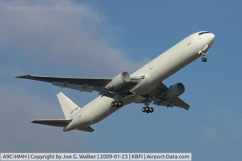 A9C-HMH, 2008 Boeing 767-4FS/ER C/N 34205, Having been diverted from PAE to BFI, this former USAF/E-10 platform is seen departing BFI back to PAE.