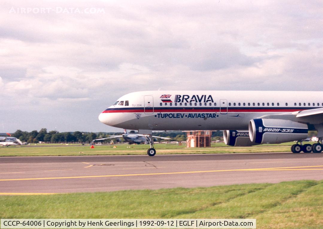 CCCP-64006, 1992 Tupolev TU-204-120 C/N 145074-3164006, Bravia Tupolev Aviastar with Rolls-Royce Engines.
Farnborough Air Show sep 1992