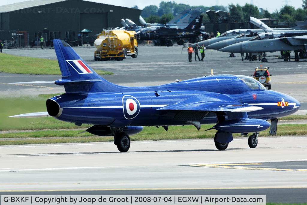 G-BXKF, 1958 Hawker Hunter T.7 C/N 41H/003315, this Hunter is painted as XL577 in the colours of the 92 Sq display team 'Blue Diamonds'.
